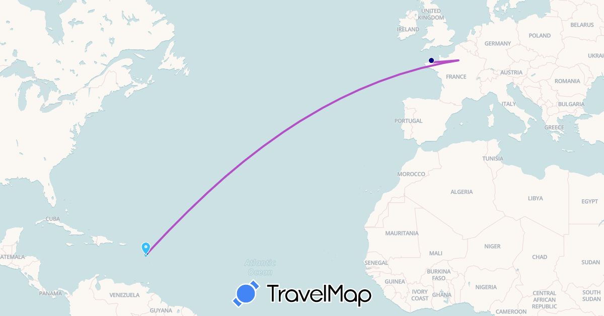 TravelMap itinerary: driving, train, boat in France, Guadeloupe (Europe, North America)